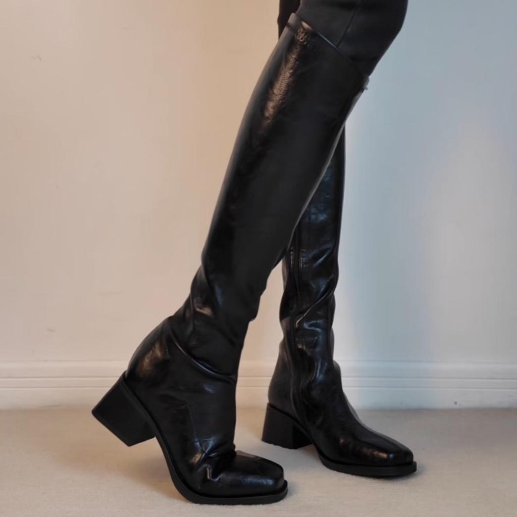 Cowhide version~ retro square head elastic thin boots women's 2025 new black high-heeled knight boots but knee boots