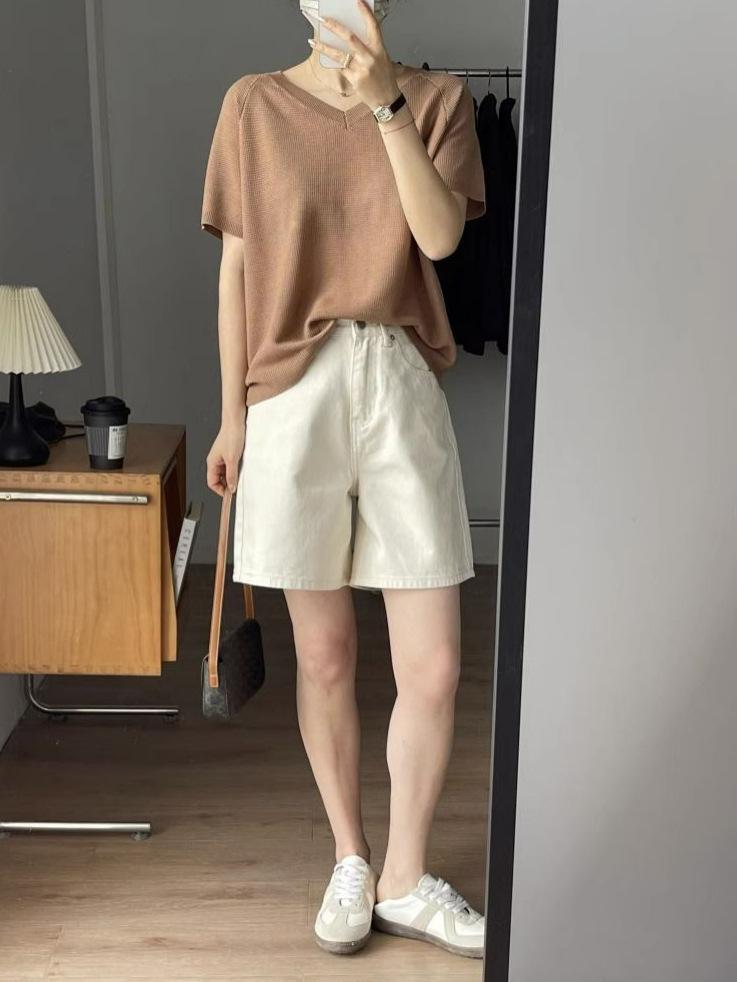 Women's High-Waisted Apricot Denim Shorts, Plus Size, Loose, Slimming, Wide-Leg, Summer 2025 Collection