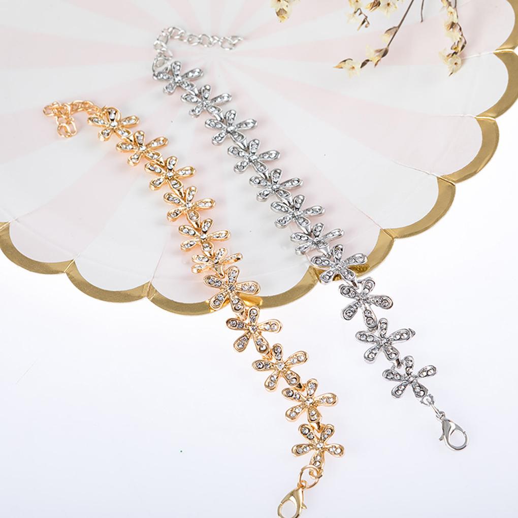 Rhinestone Inlaid Bracelet Women Snow Flowers Adjustable Bangle Hand Charm Chain Jewelry Gift
