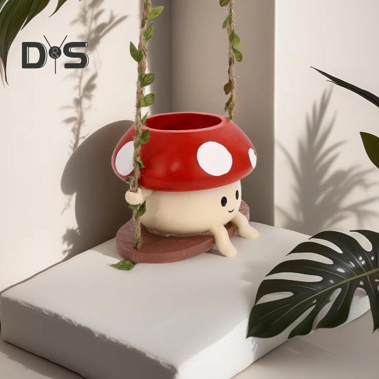 Ghiveci de flori suspendate, decorative pentru interior și exterior, cu leagăn, drăguț desen animat, în formă de ciupercă, vază, ornament