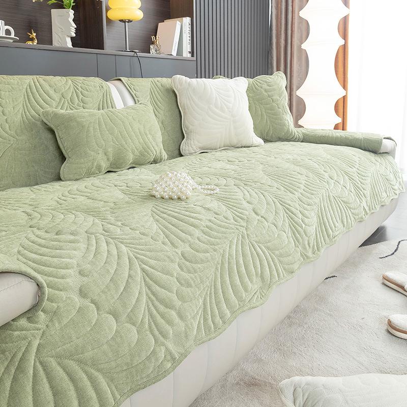 Nordic Style Thick Sofa Cushion Quilted Sofa Towel Anti Slip Dirt Resistant Cat Scratch Resistant Couch Mat Banana Leaf Pattern Slipcover 1PCS