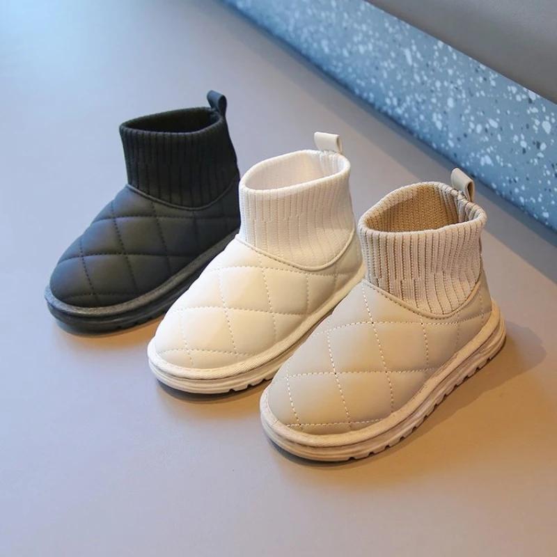 Children's Snow Boot Winter Warm Girls Cotton Sock Boots Solid Color Versatile Kids Causal Boys Plush Ankle Boots Outdoor Warm