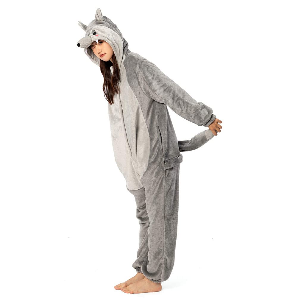 OLAOLA Wolf Kigurumi Pajamas for Halloween Animal Cold Unisex Sizes Adults, Costume, Costume, Fluffy, Warm, Flannel, Protection, Cute, (M, 160-175)
