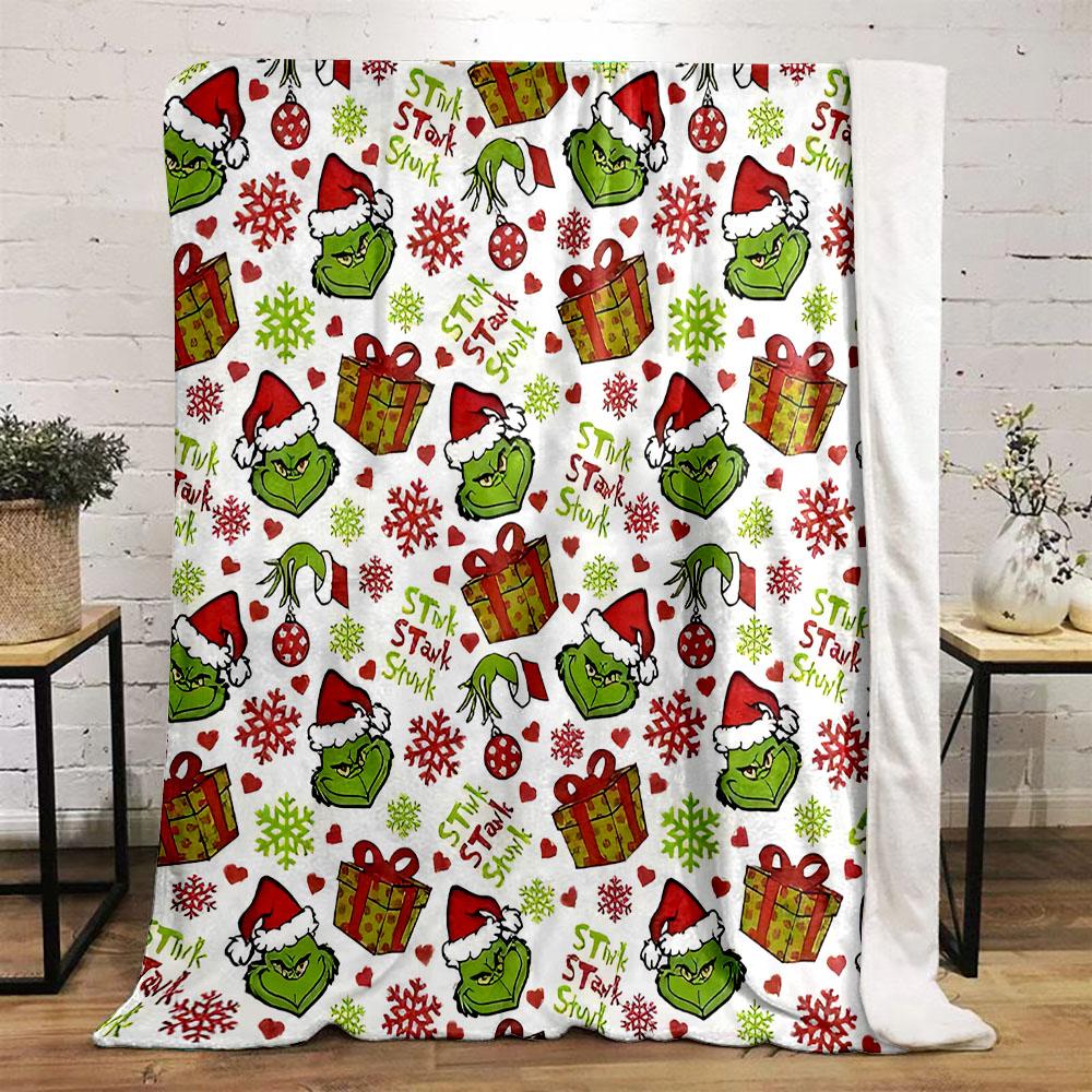 "Grinch Christmas Pattern with Gifts" Patterned flannel blanket perfect for the bedroom living room, sofa, or a little nap