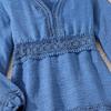 Girls' Lace Trim V-neck Waist-Cinching Long-sleeved Dress for Autumn