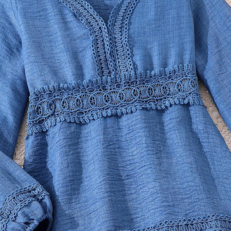 Girls' Lace Trim V-neck Waist-Cinching Long-sleeved Dress for Autumn