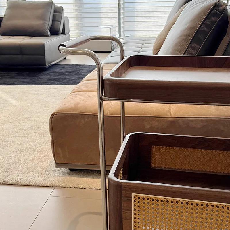 Middle Ancient Style Black Walnut White Wax Wood Movable Small Coffee Table with Wheels Silent Wheels Living Room Rattan