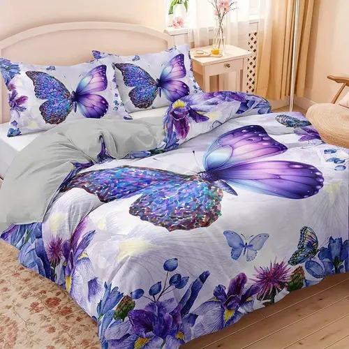 Light Luxury Purple Butterfly Duvet Cover Queen King Size Feature Digital Print Bedding Set Soft And Comfortable 3 Pcs No Quilt