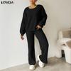 VONDA Spring Autumn Women Outfits Long Sleeve Rib Blouse and Pants Two Piece Knitted Suits