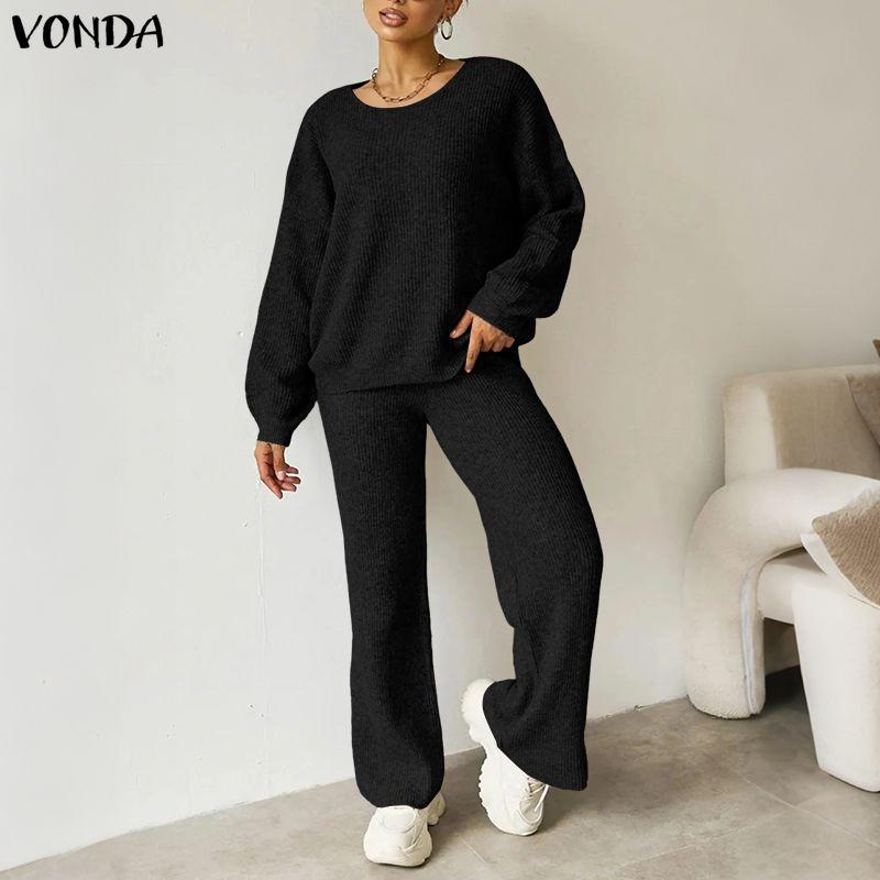 VONDA Spring Autumn Women Outfits Long Sleeve Rib Blouse and Pants Two Piece Knitted Suits