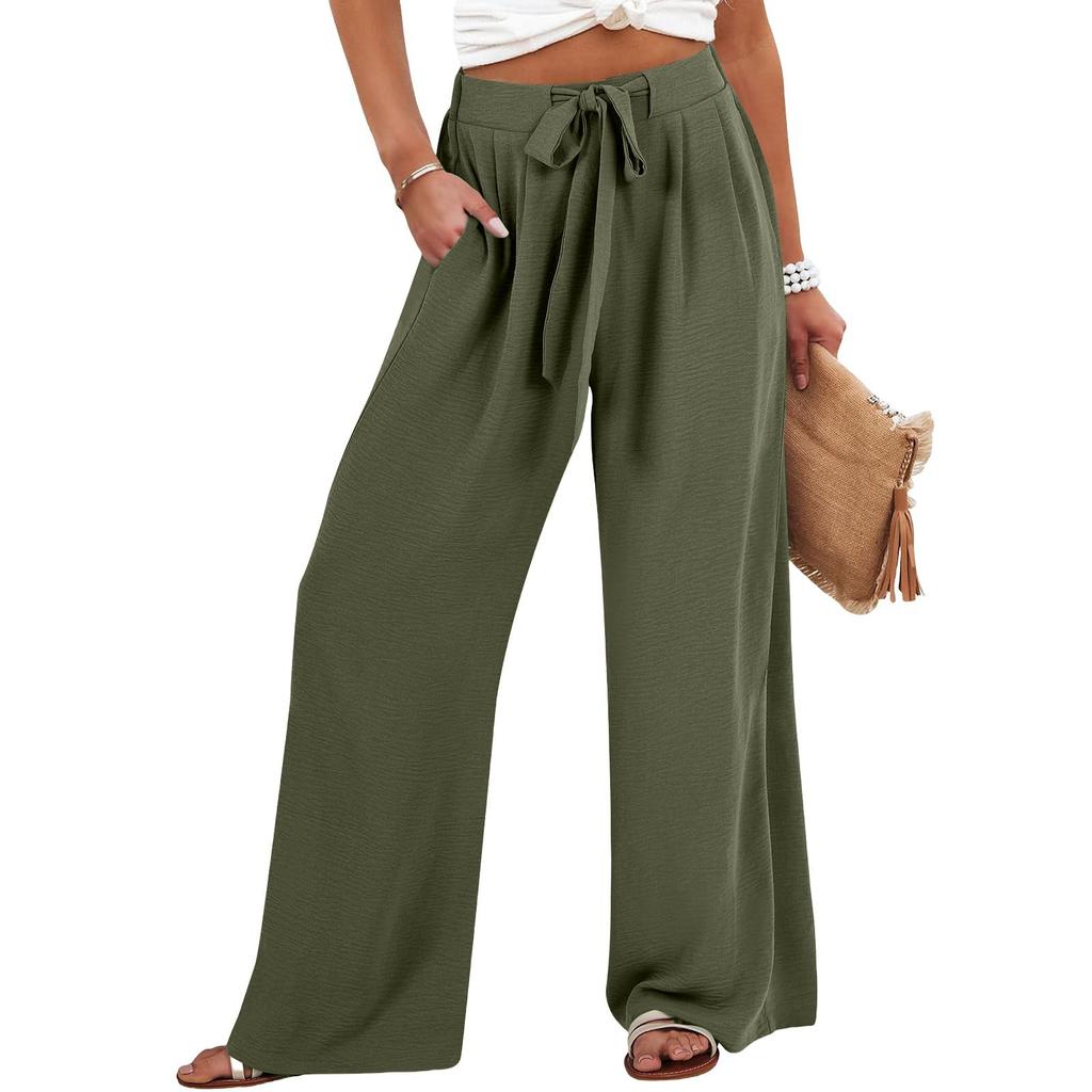 Womens Wide Leg Palazzo Pants High Waisted Adjustable Tie Knot Flowy Trousers Casual Loose Pant With Pockets