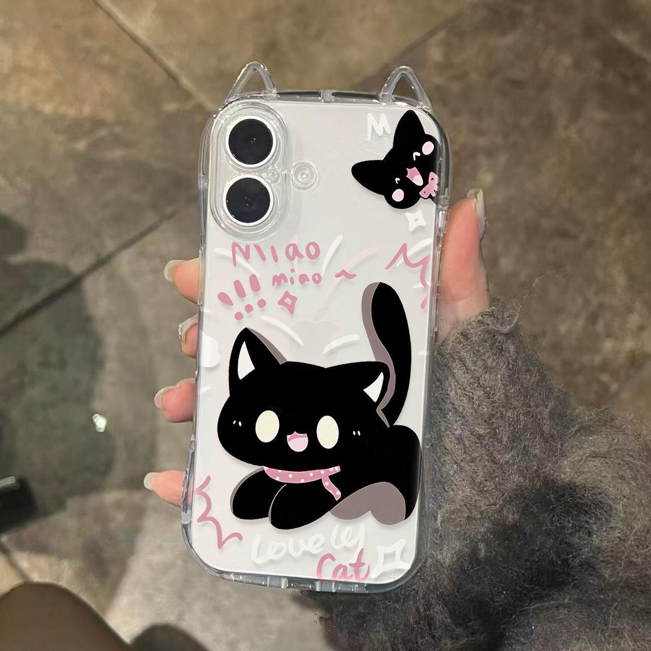 

Applicable To IPhone16 Transparent Cute Black Cat Mobile Phone Case Apple 13pro Cartoon Kitten Bracelet Protection Case iPhone17
