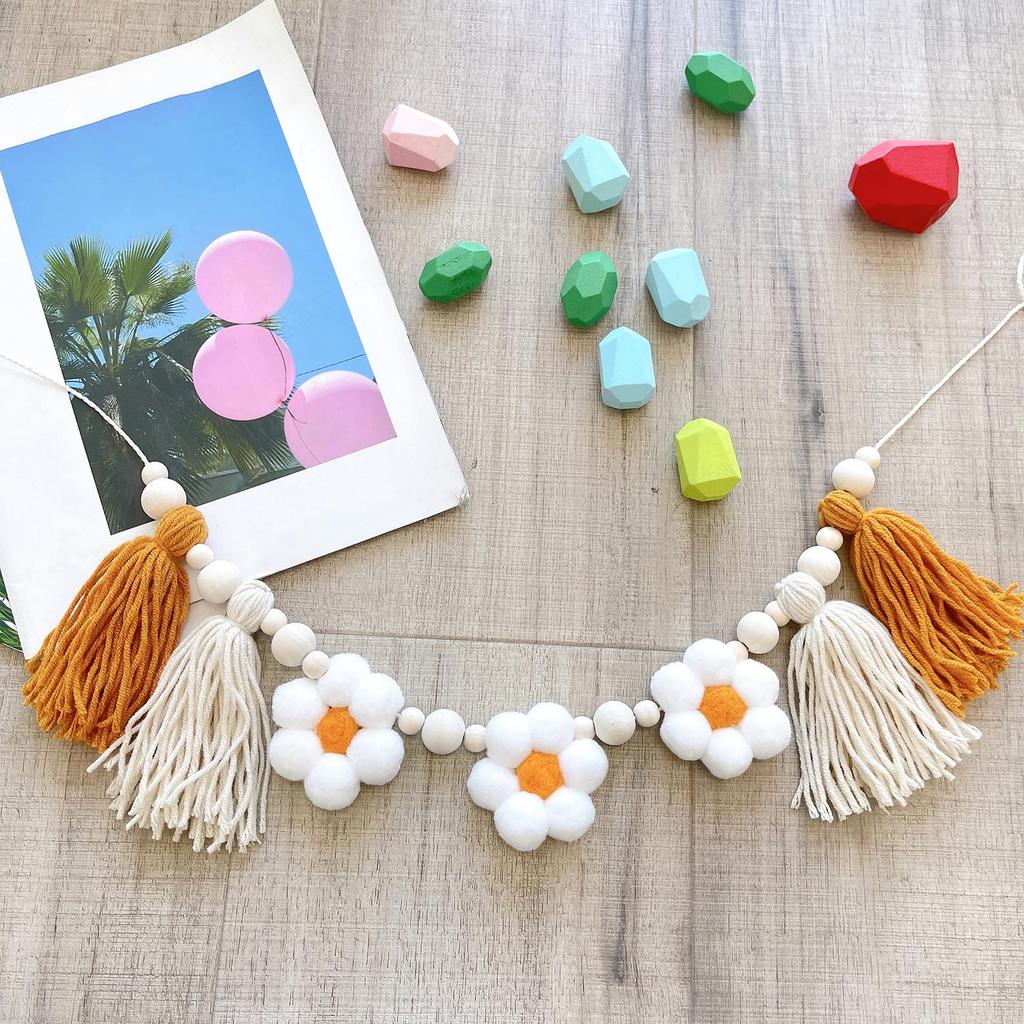 Happy Birthday Banner Handmade Tassels Flower Pendant Flag Hanging Bunting Decoration Baby Shower Birthday Party Supply