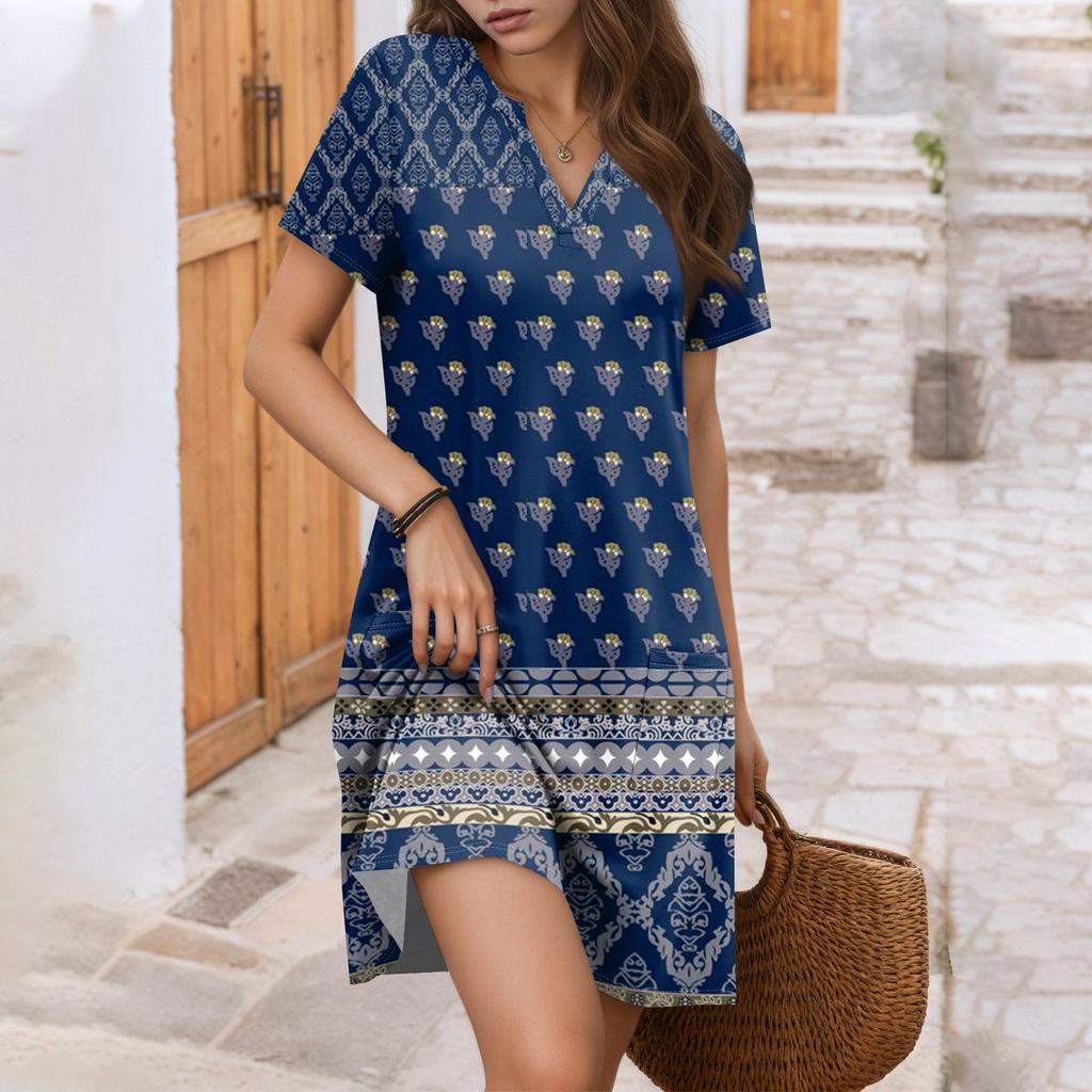 Women's Dress Casual V Neck Wedding Guest Dress Short Sleeve Fashion Beach Vacation Clothing