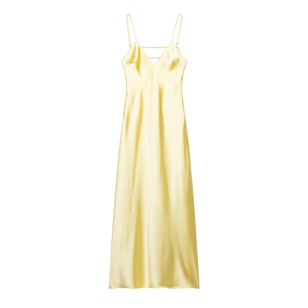 

2025 Spring/Summer Women s Slim Silk Satin V-Neck Backless Spaghetti Strap Dress XS