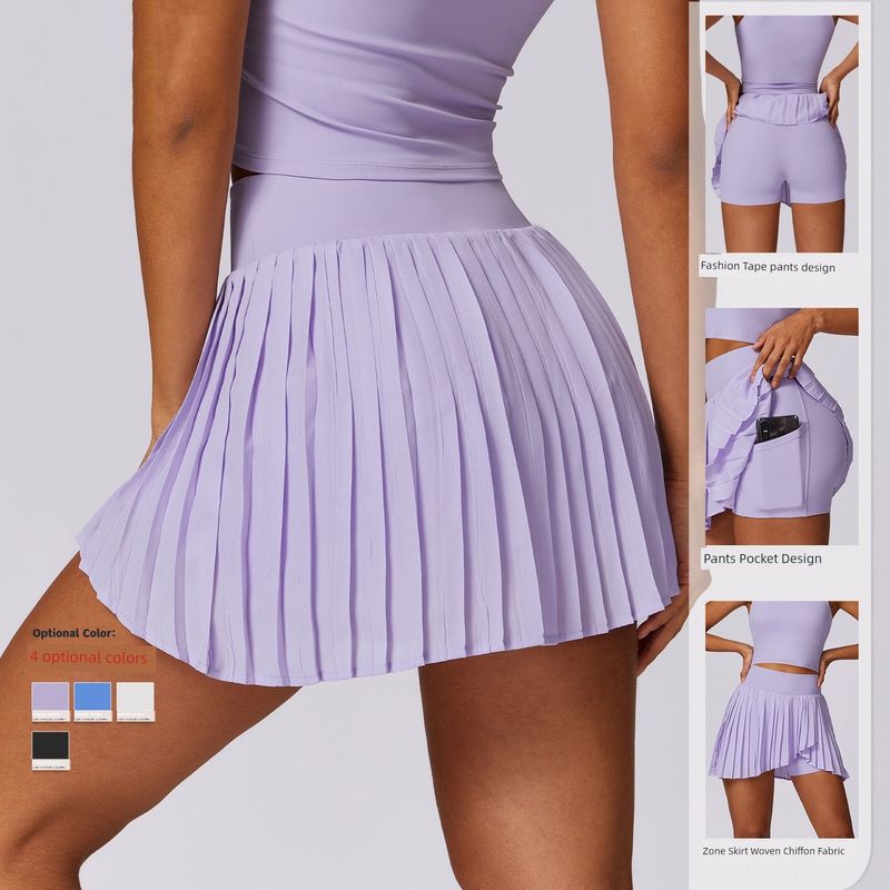 New Arrival Casual Pleated Sports Skirt Women's Fake Two-Piece Quick-Drying Tennis Culottes Fashion Tape Fitness Pantskirt with Pockets