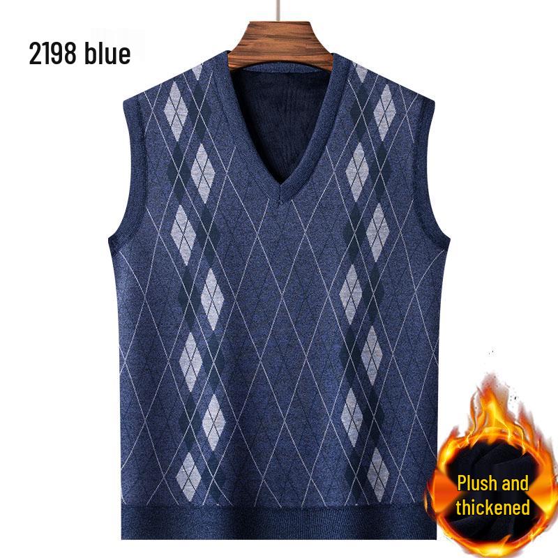 Dad's Fleece-Lined Sweater Vest: Warm Knitted Base Layer for Middle-aged and Elderly Men in Autumn and Winter.