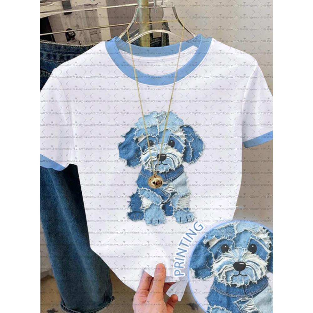 26 Womens Short Sleeve Print T-Shirt Cartoon print blue puppy Round Neck short sleeve Outdoor Sports plus-size women s clothing M
