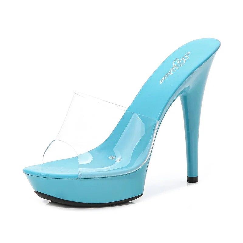 Candy Colors Svatební boty Žena Sandály na platformě Letní Pvc Skluzavky Vodotěsné 13cm Noční klub Sexy pantofle na vysokém podpatku Dámskébh