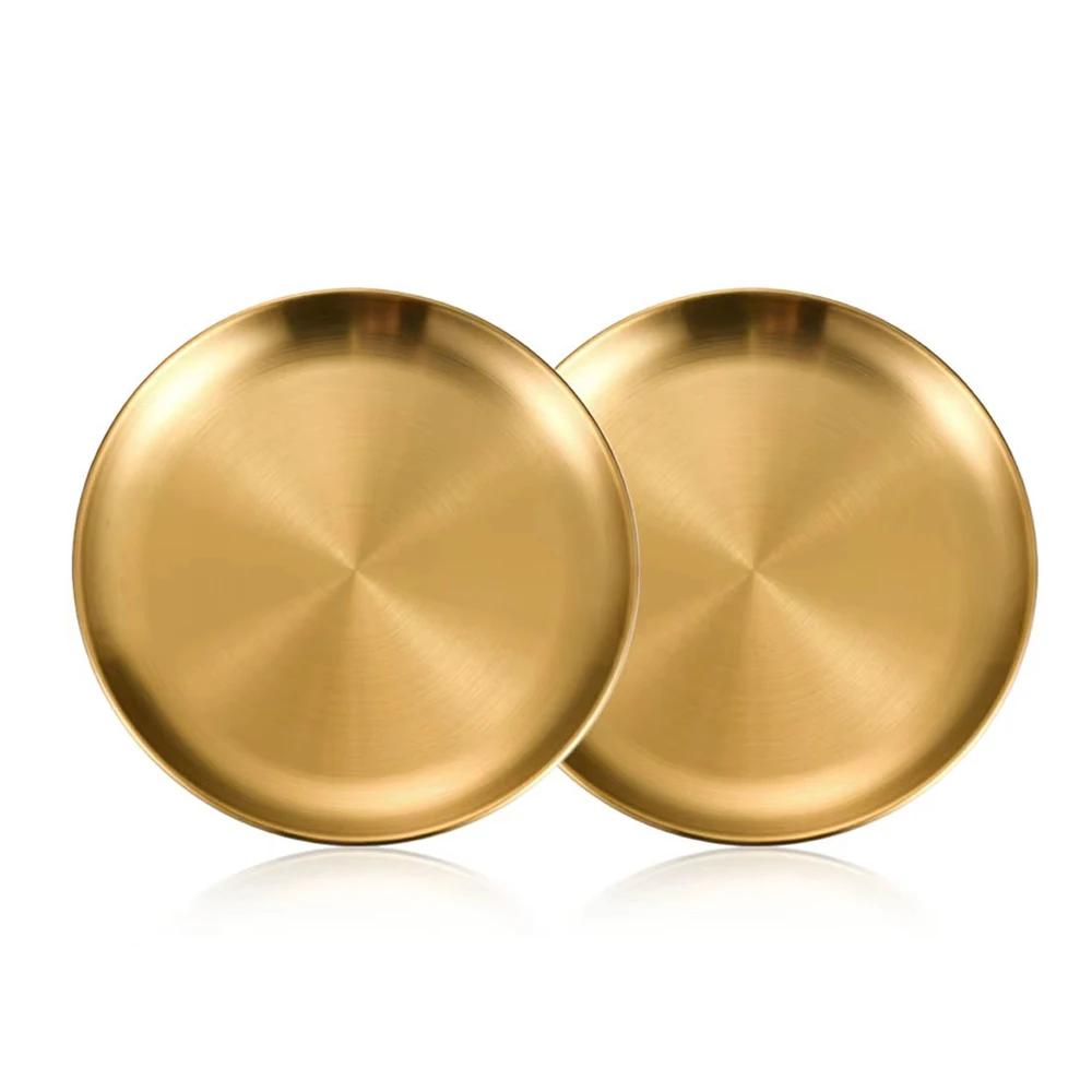 2Pcs Gold Stainless Steels Metal Round Plate Rust-Proof Shallow Tray Plate Camping Plate BBQ Picnic Dishes Cookware Tableware