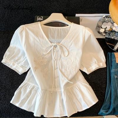 Stile Coreano Estiva Donna Elegante Camicetta Scollo a V Bianco Albicocca Blu Ricamo Nastro Camicia Maniche a Palloncino Casual Larga Camicetta da Donna