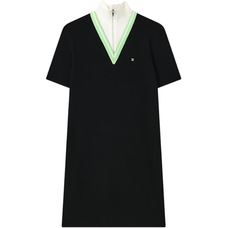 

Fila Логотип Буква Цветной блок Полосатый Пуловер на молнии до половины со стойкой воротником Платье с коротким рукавом Женские платья Черный F11W317301F-BK S