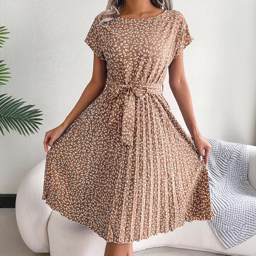 Instagram-style Real Photos of Spring and Summer Casual Short-sleeved, Floral, Large-swing Pleated Skirt Women's Clothing