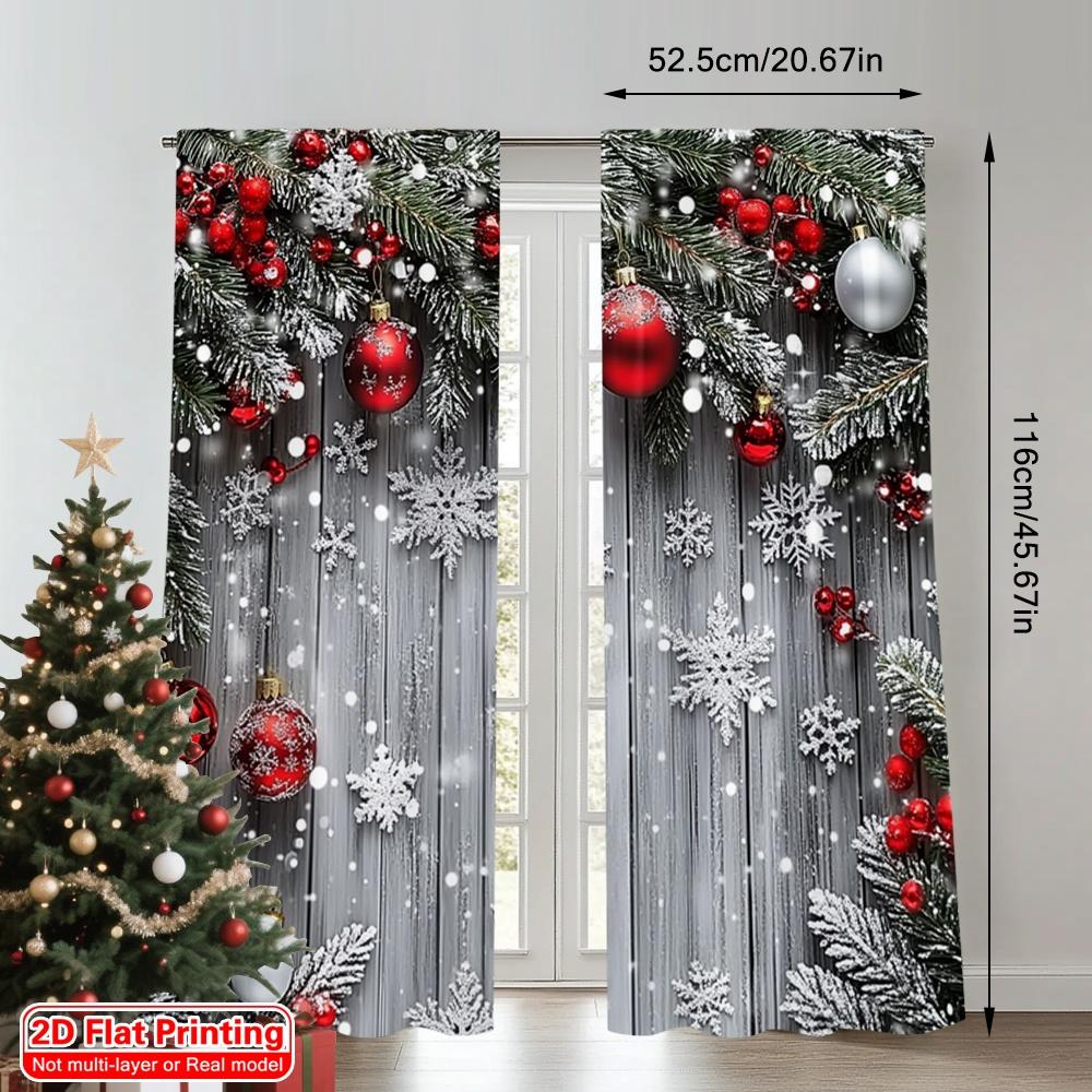 2D Flat Printing 2pcs Christmas Window Curtains With Snowflakes_ Red Balls and Green Plants Durable 100% Polyester Fabric
