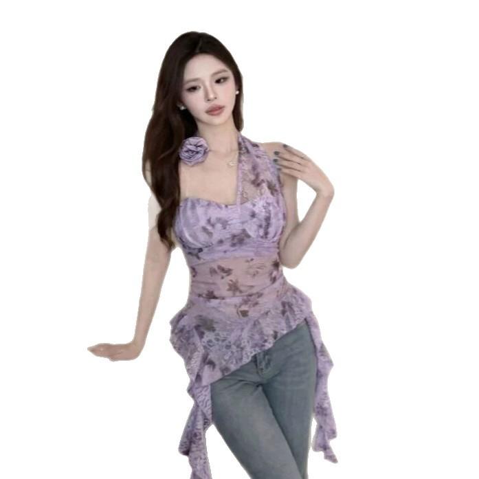Irregular Three-dimensional Flower Halter Neck Vest Women's Summer Sleeveless Outer Wear Spice Girl Sexy Slim Purple Top