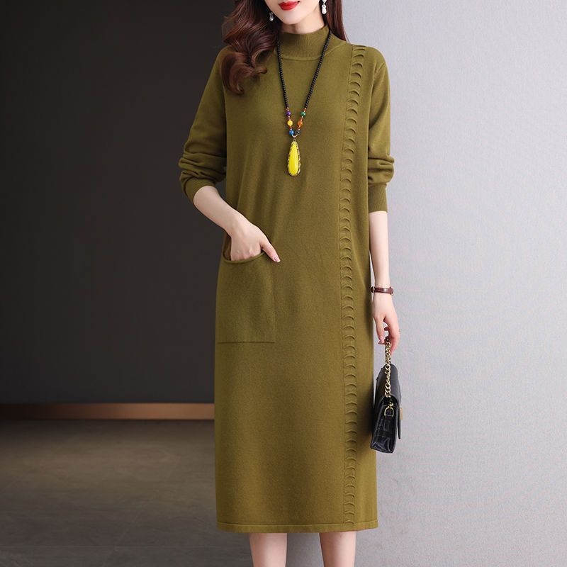 Knitted Dress Knee-length Women's Mid-length Loose Dress Plus-size Sweater Dress Solid-color Casual Half Turtleneck Pullover