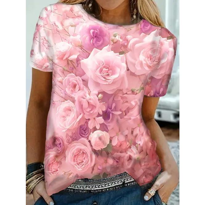 Sommer Rundhals 3D-Druck Blumenmuster Top Modische Lässige Kurzarm Damen T-Shirts