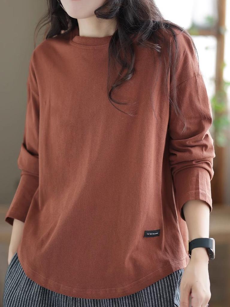 Maieu Dintr-o Singură Culoare Vintage Decupat Femei Toamnă Iarnă Stil Nou Casual Mânecă Lungă Largă Tricou Top Femei Trendy