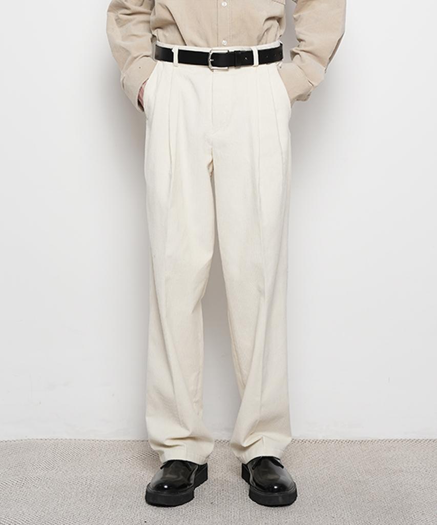 THE-ABON Men'S Day Classic Two-Pintuck Wide Corduroy Pants Ivory