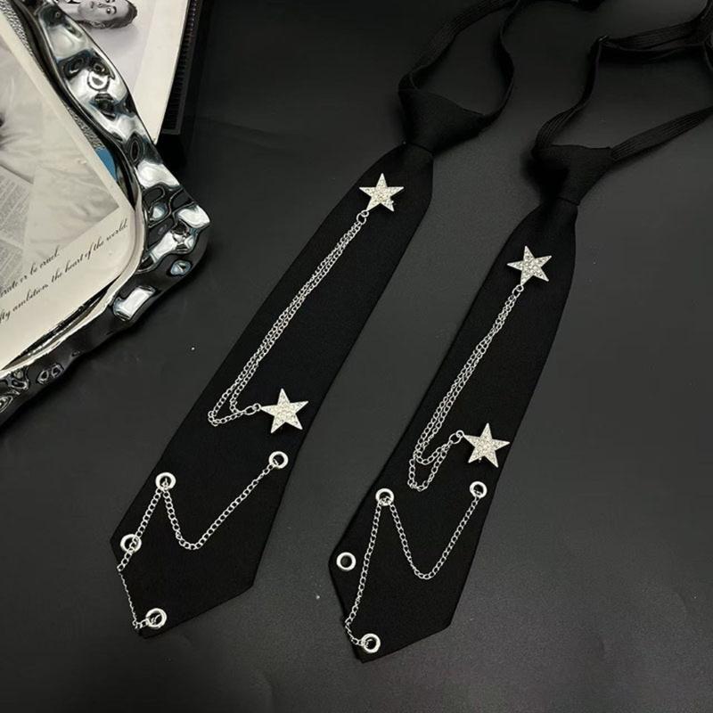 Punk Star Chain Decors Neck Tie for JK Costumes and Everyday Wear Uniform Tie Party Neckwear for Student Formal Event