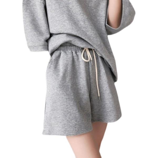 Women Casual Sportswear Set Korean Loose Solid Color Elbow-sleeve Top & Five-point Shorts Two-piece Outfit Ready Stock