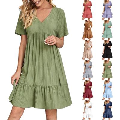 Women's Solid Color Loose V-neck Casual Short Sleeved Waist Flowing Dress