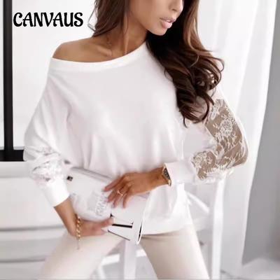 Plus Size Women's Summer Solid Color Lace Patchwork Long Sleeve T Shirt