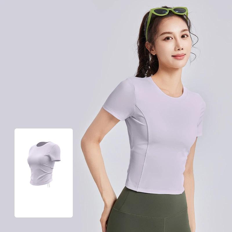 New Style Drawstring Beautiful Back Pleated Yoga Wear Short Sleeved Female All-in-one Cup Fitness Sports Top with Chest Pad for Women