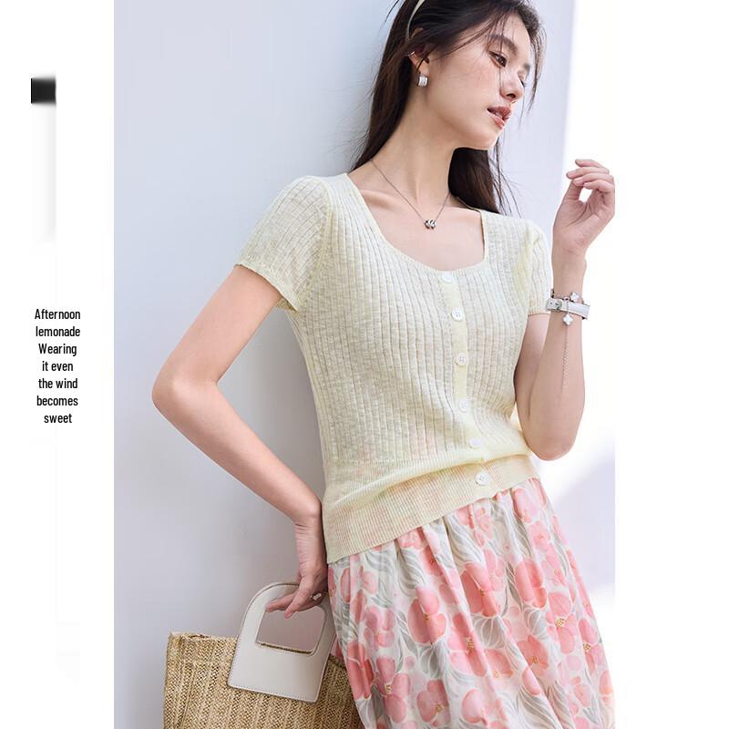 VICTORIA&VERA Women's Dopamine U-Neck Short Sleeve Knit Top