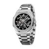 Men's Mechanical Watch Automatic Watch Men's Octagonal Case Stainless Steel Band Skeleton Design Watch, Silver Black, Classic