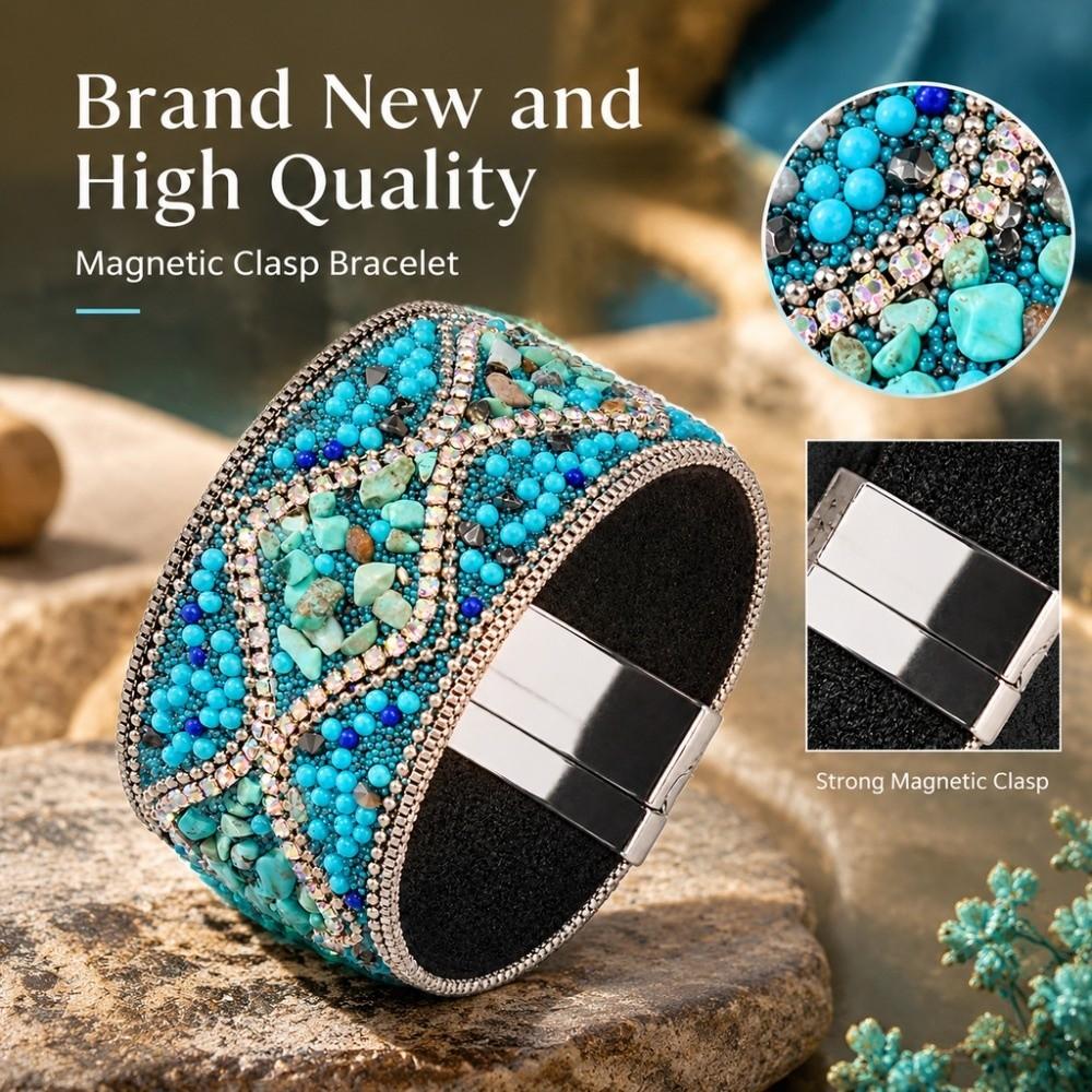 Beads Flower Pattern Magnetic Clasp Bracelet Turquoise Color Charm Bracelet Women Ladies