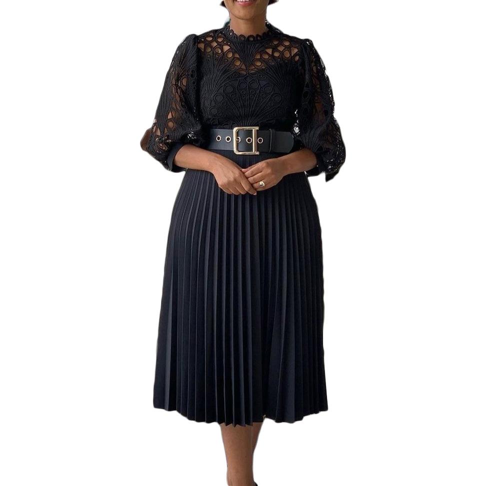 Summer Large Size Lace Hook Flower Sexy Hollow Out Pleated European and American Dress Dress