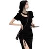 New slim French split-ended medium and long dress for women's summer and Korean version, thin waist drawstring dress, female student tide
