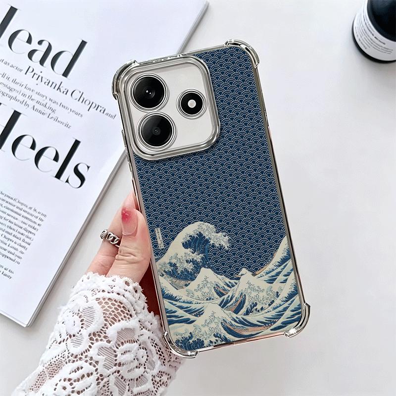 Japanese Wave Kanagawa Surfing Plating Phone Case For Xiaomi Redmi Note 14 15 Pro Plus 13 12 11 11S 11T 10 9S 9 5G Anti-Fall Air