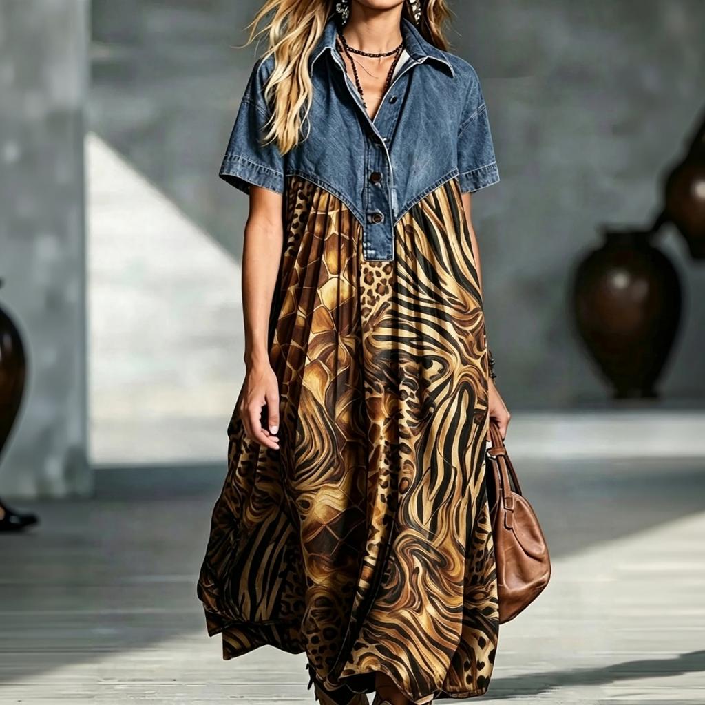 Women's Casual Denim Patchwork Dress Loose Fit Vintage Print Button Dress for Everyday Wear