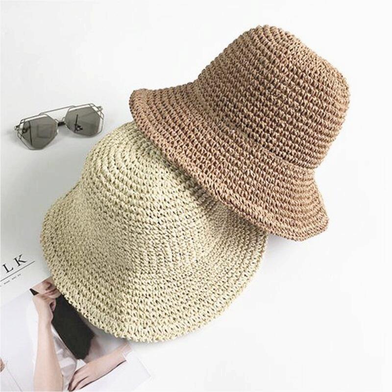 Natural Style Straw Hat For Women, Foldable And Easy To Carry, Ideal For Summer Outdoor Activities In Khaki And Beige