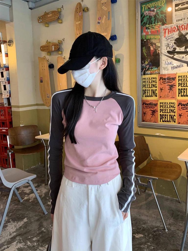 Women's Retro Raglan Long-Sleeve T-Shirt: Short Top for Spring, Autumn, Winter