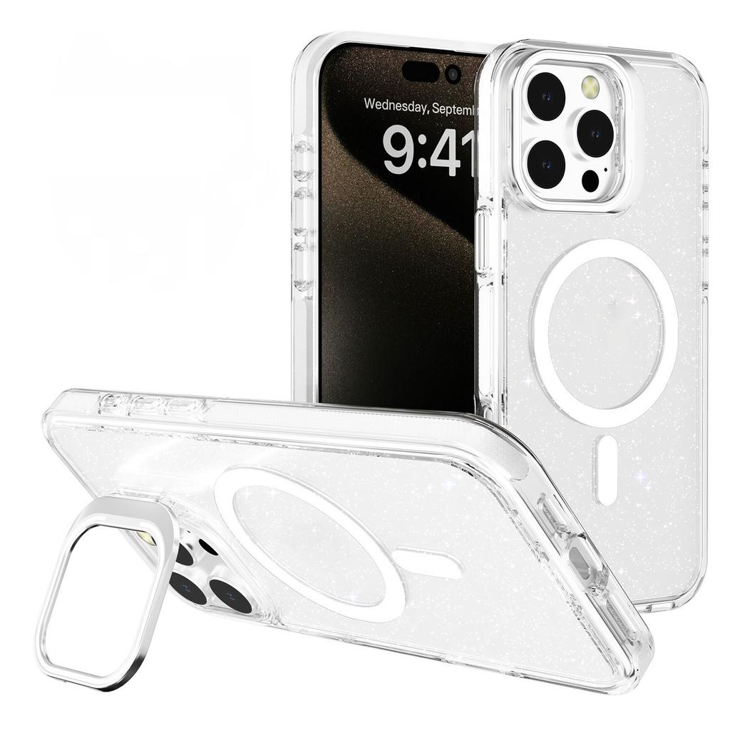 For iPhone 16 Pro Case Compatible with MagSafe Lens Kicktand Glitter PC Phone Cover