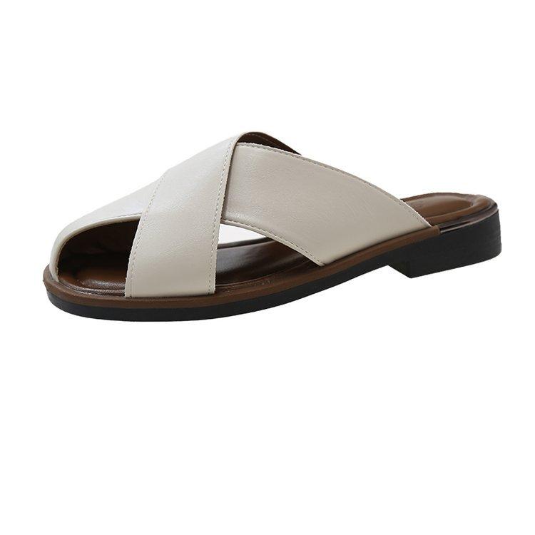 Hollow Flat Bottom Soft Bottom Bag Head Half Slippers Women's Summer 2025 Korean Version Round Head Lazy Slippers Women Wear Sandals Women