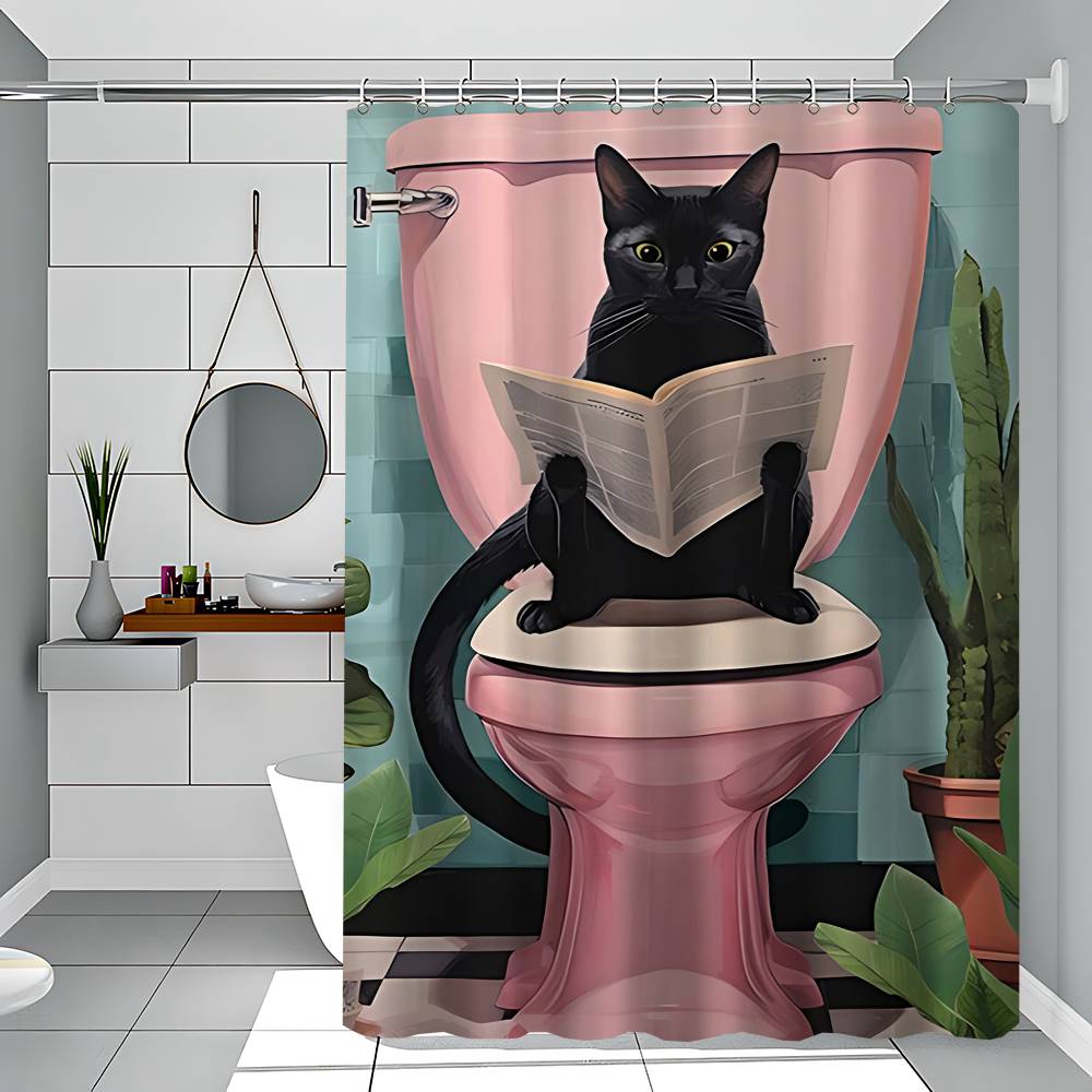 Bathroom Cat Reading On Toilet Shower Curtain - Water-Repellent And Leak-Resistant, Mold And Mildew Resistant For